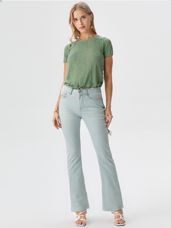 wearOn Sage Green Ribbed Tee - Relaxed Fit Short Sleeve - Soft Cotton Blend Essential Top