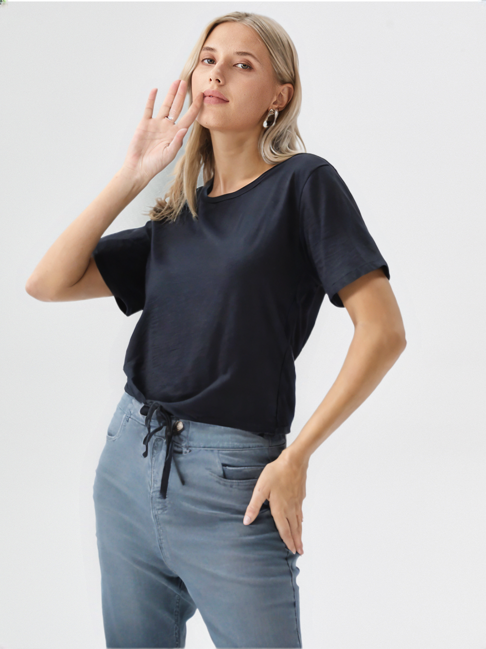 wearOn Black Ribbed Drawstring Crop Tee - Adjustable Hem Short Sleeve - Cotton Blend Essential Top