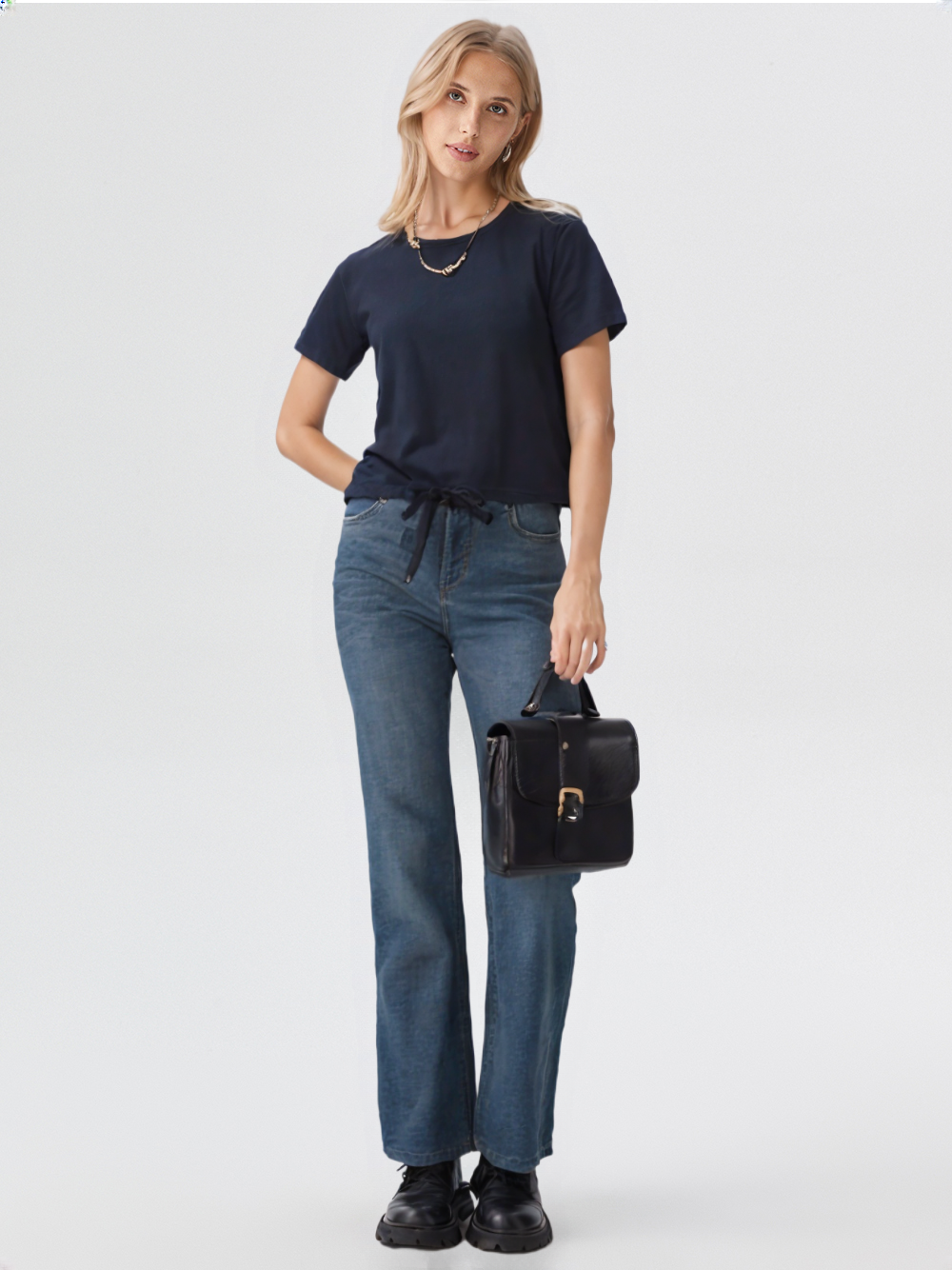 wearOn Black Ribbed Drawstring Crop Tee - Adjustable Hem Short Sleeve - Cotton Blend Essential Top