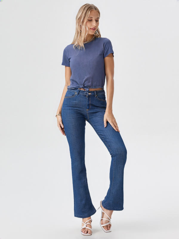 wearOn Women's Periwinkle Blue Ribbed Tie-Front Crop Tee - Short Sleeve Knotted Hem - Cotton Blend Essential