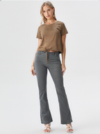 wearOn Caramel Ribbed Wide Sleeve Tee - Boxy Fit Cotton Blend - Oversized Short Sleeve Top
