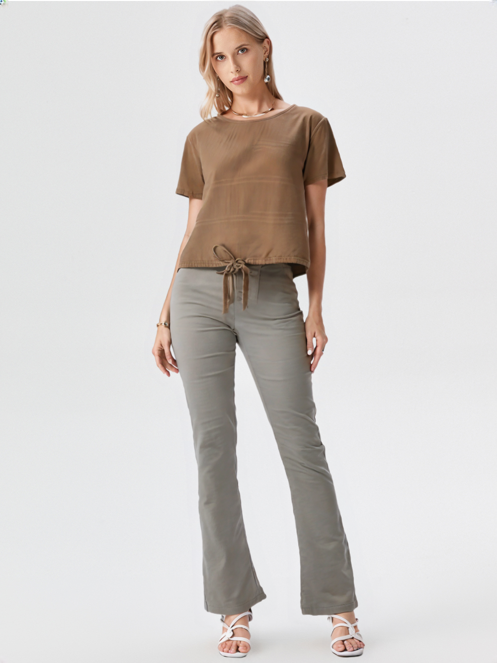 wearOn Caramel Ribbed Wide Sleeve Tee - Boxy Fit Cotton Blend - Oversized Short Sleeve Top