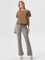 wearOn Caramel Ribbed Wide Sleeve Tee - Boxy Fit Cotton Blend - Oversized Short Sleeve Top