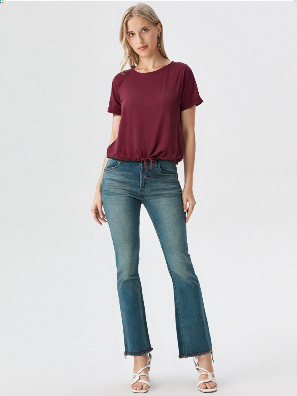 wearOn Burgundy Drawstring Hem Tee - Wine Red Short Sleeve - Premium Cotton Blend Essential Top