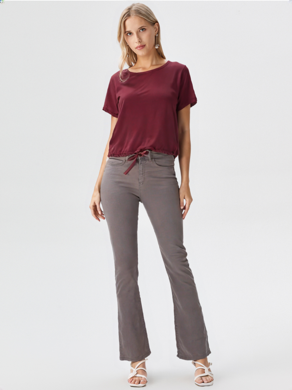 wearOn Burgundy Drawstring Hem Tee - Wine Red Short Sleeve - Premium Cotton Blend Essential Top