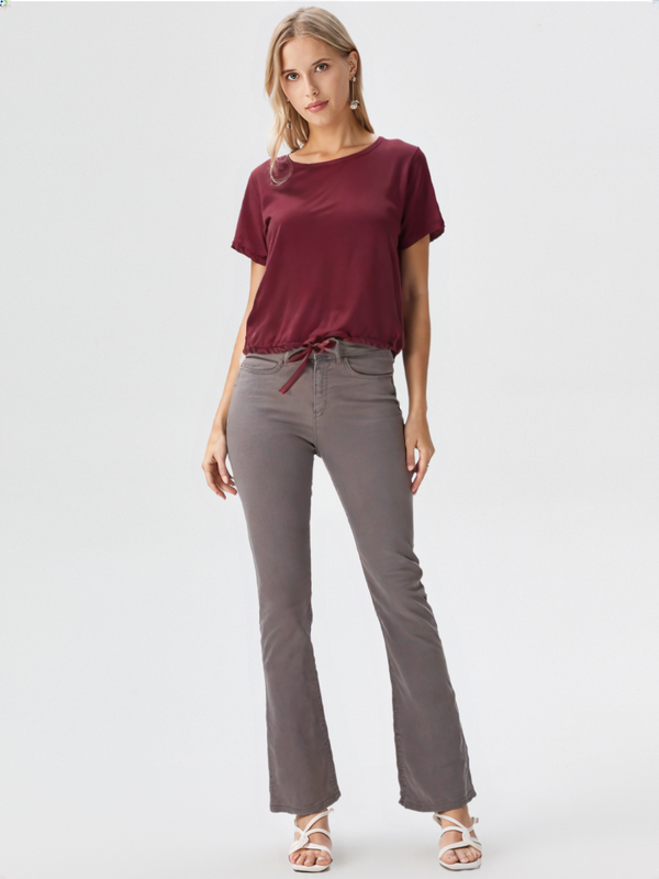 wearOn Burgundy Drawstring Hem Tee - Wine Red Short Sleeve - Premium Cotton Blend Essential Top