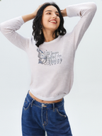 wearOn Blush Pink Graphic Long Sleeve Tee - Sparkle Detail Crew Neck - Premium Cotton Blend Top