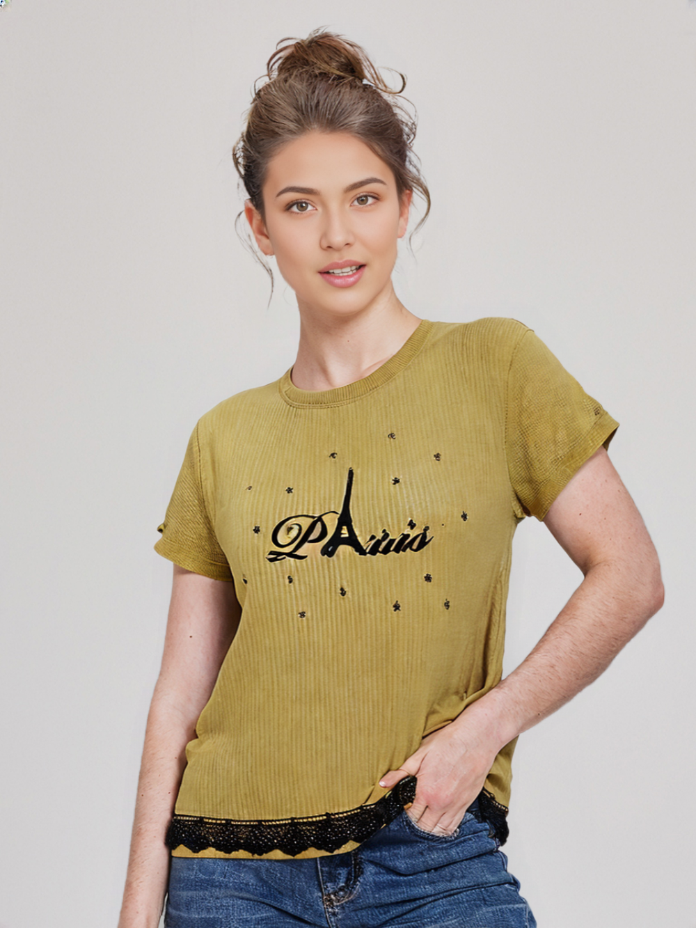 wearOn Paris Stars Golden Ribbed Tee - Women's Fitted Short Sleeve Celestial Graphic T-Shirt