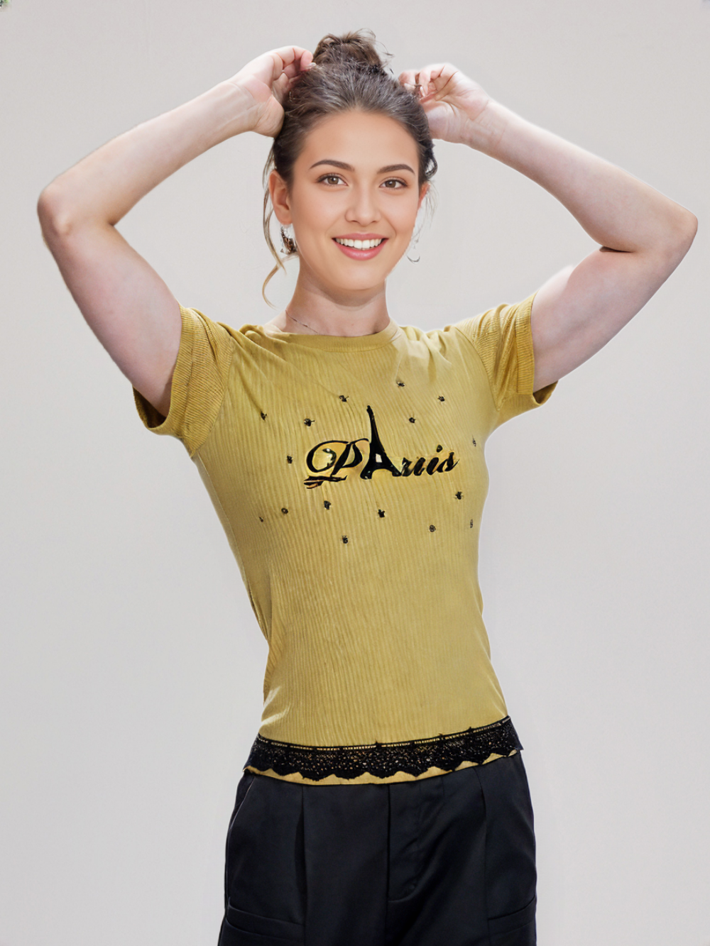 wearOn Paris Stars Golden Ribbed Tee - Women's Fitted Short Sleeve Celestial Graphic T-Shirt