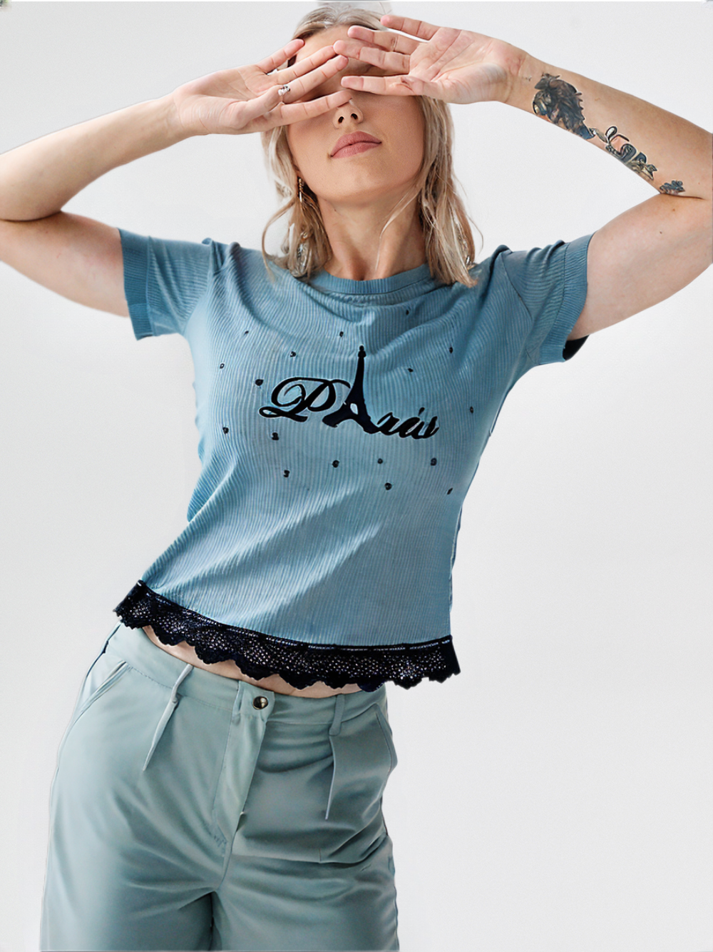 wearOn Paris Stars Blue Ribbed Tee with Lace Hem - Women's Fitted Short Sleeve French-Inspired T-Shirt