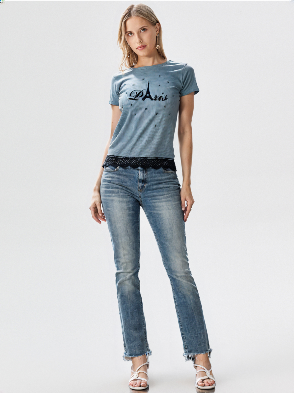 wearOn Paris Stars Blue Ribbed Tee with Lace Hem - Women's Fitted Short Sleeve French-Inspired T-Shirt