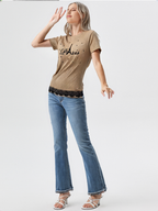 wearOn Paris Stars Camel Ribbed Tee with Lace Hem - Women's Fitted Luxury Nude French-Inspired T-Shirt