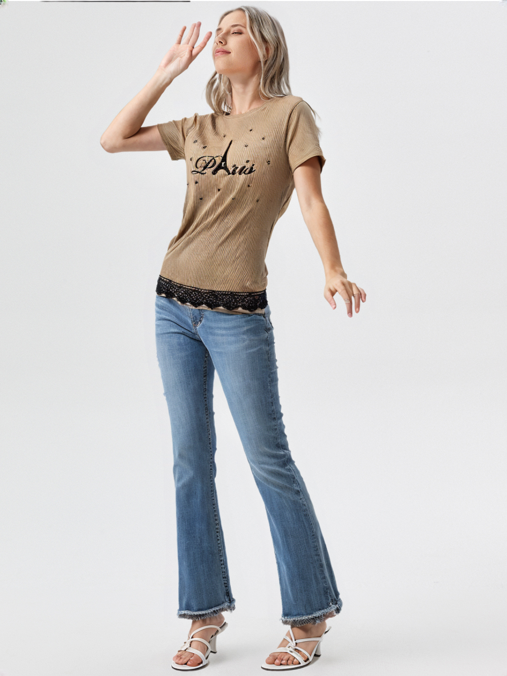 wearOn Paris Stars Camel Ribbed Tee with Lace Hem - Women's Fitted Luxury Nude French-Inspired T-Shirt
