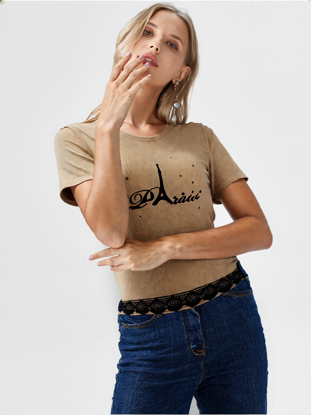 wearOn Paris Stars Camel Ribbed Tee with Lace Hem - Women's Fitted Luxury Nude French-Inspired T-Shirt