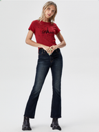wearOn Paris Stars Red Ribbed Tee with Lace Hem - Women's Fitted Bold Statement French-Inspired T-Shirt