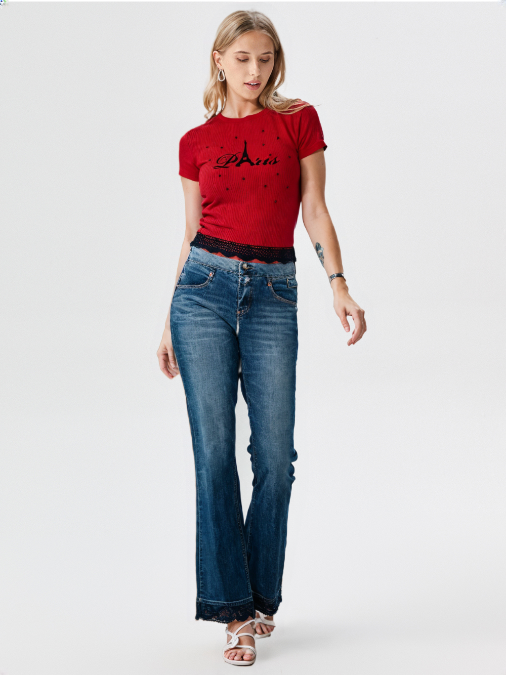 wearOn Paris Stars Red Ribbed Tee with Lace Hem - Women's Fitted Bold Statement French-Inspired T-Shirt