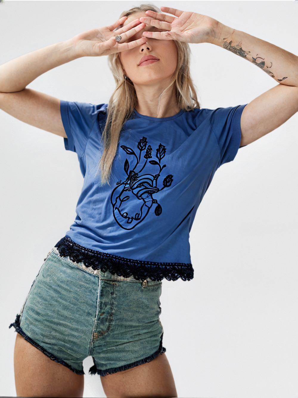 wearOn Wild Heart Graphic Tee - Cobalt Blue Lace Trim Short Sleeve Top