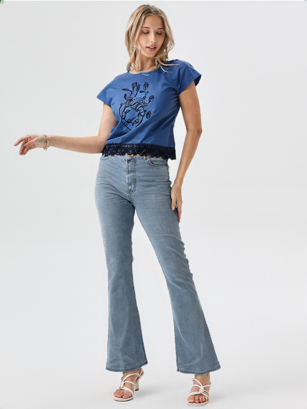 wearOn Wild Heart Graphic Tee - Cobalt Blue Lace Trim Short Sleeve Top