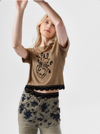 wearOn Earthy Heart Graphic Tee - Brown Lace Trim Short Sleeve Top for Women