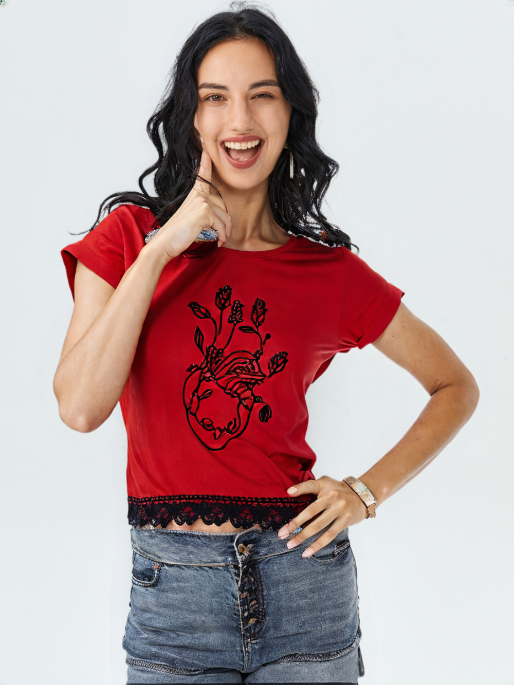 wearOn Fierce Heart Graphic Tee - Bold Red Lace Trim Short Sleeve Top