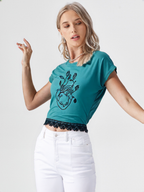 wearOn Ocean Heart Graphic Tee - Teal Blue Lace Trim Short Sleeve Top for Women