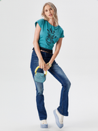 wearOn Ocean Heart Graphic Tee - Teal Blue Lace Trim Short Sleeve Top for Women