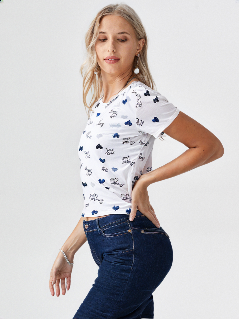 wearOn Hearts Script - White Red Navy Love Typography Fitted Women's T-Shirt