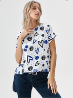 wearOn Blue Hearts Script Print - White Navy Love Typography Fitted Women's T-Shirt