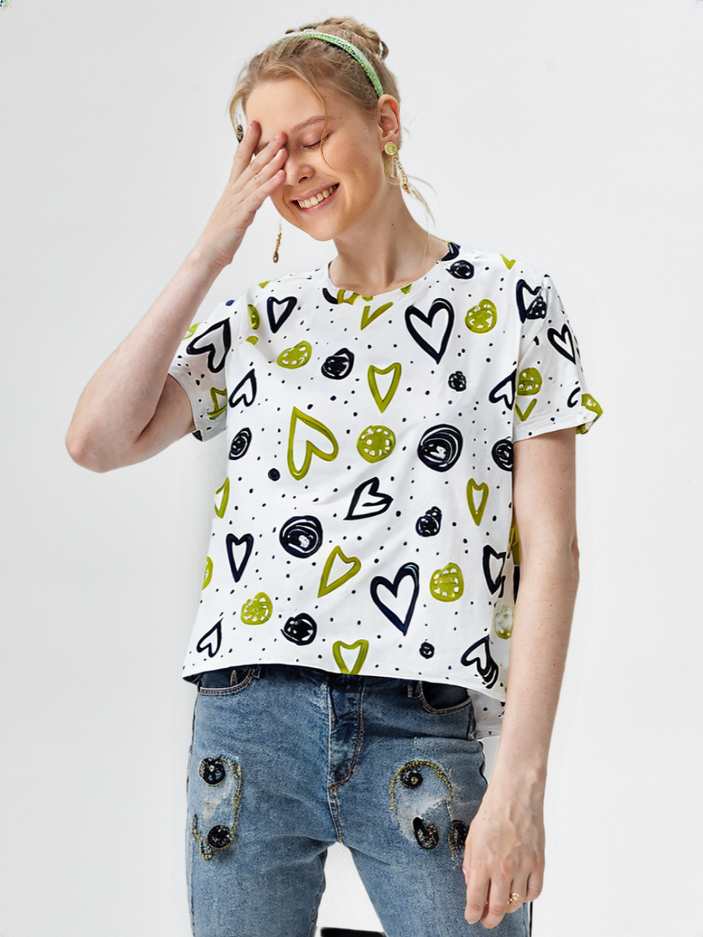 wearOn Hearts & Dots Print - White Green Abstract Pattern Women's T-Shirt