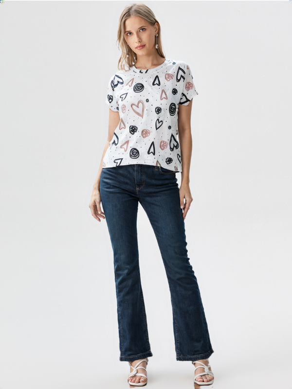 wearOn Hearts & Dots Print - White Pink Black Abstract Pattern Women's T-Shirt - WearOn