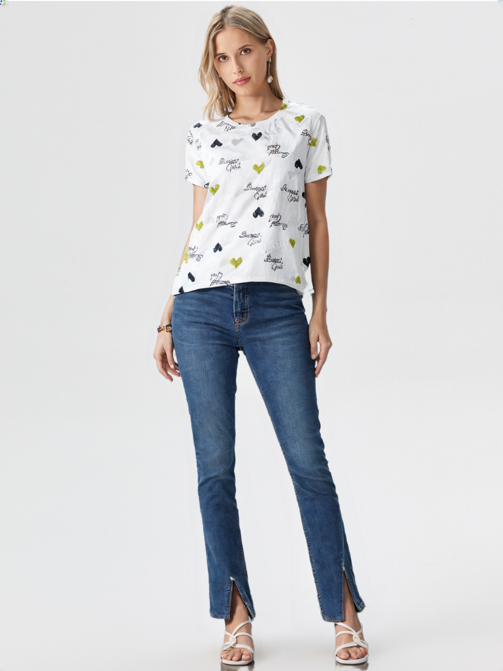 wearOn Love Script Print Relaxed Tee - White Olive Navy Typography Women's T-Shirt