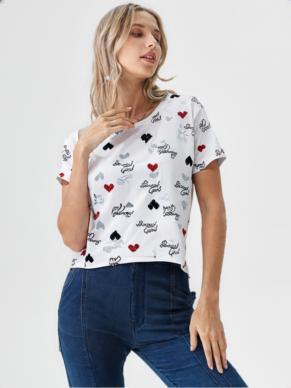wearOn Hearts & Dots Print Oversized Tee - White Blue Abstract Art T-Shirt