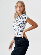 wearOn Doodle Heart Print Lace Hem Top - Women's Artistic Blue & Black Graphic Tee with White Crochet Trim