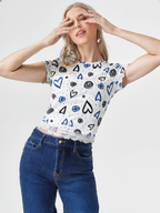 wearOn Doodle Heart Print Lace Hem Top - Women's Artistic Blue & Black Graphic Tee with White Crochet Trim