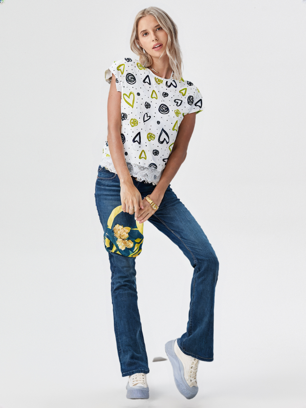 wearOn Olive Green Heart Print Lace Trim Top - Women's Retro Doodle Crop Tee with White Crochet Detail