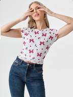wearOn Cherry Bow Print Lace Hem Top - Women's Casual Blouse with Delicate Trim