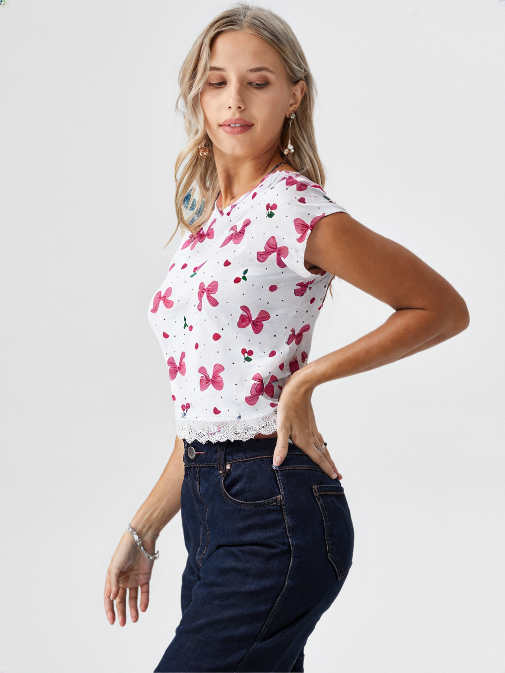 wearOn Cherry Bow Print Lace Hem Top - Women's Casual Blouse with Delicate Trim