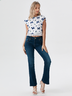 wearOn Navy Blue Bow Print Crop Top - Women's Sophisticated White Lace Trim Blouse with Cap Sleeves