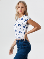 wearOn Navy Blue Bow Print Crop Top - Women's Sophisticated White Lace Trim Blouse with Cap Sleeves