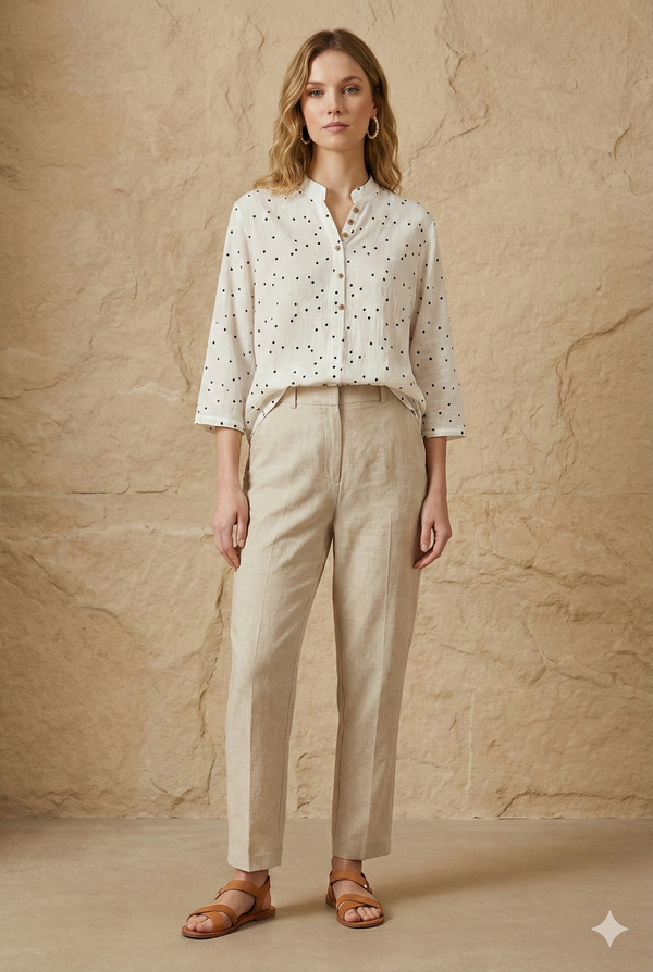 Woman wearing the WEARON Heritage Dot Blouse in Green with V-neckline.