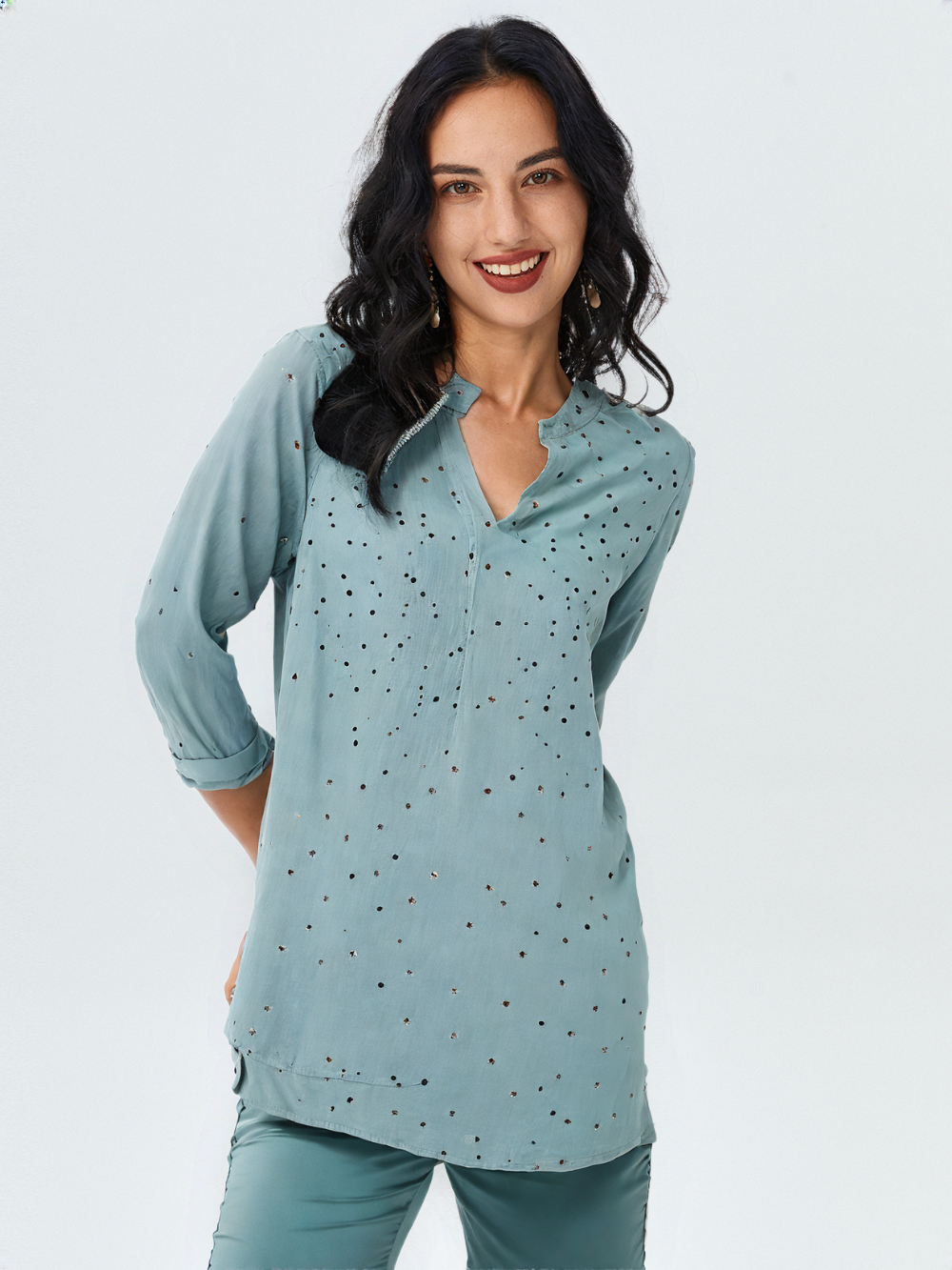wearOn Sage Green Polka Dot Button-Up Blouse - Women's Relaxed Fit Long Sleeve Shirt with Black Dot Print - WearOn