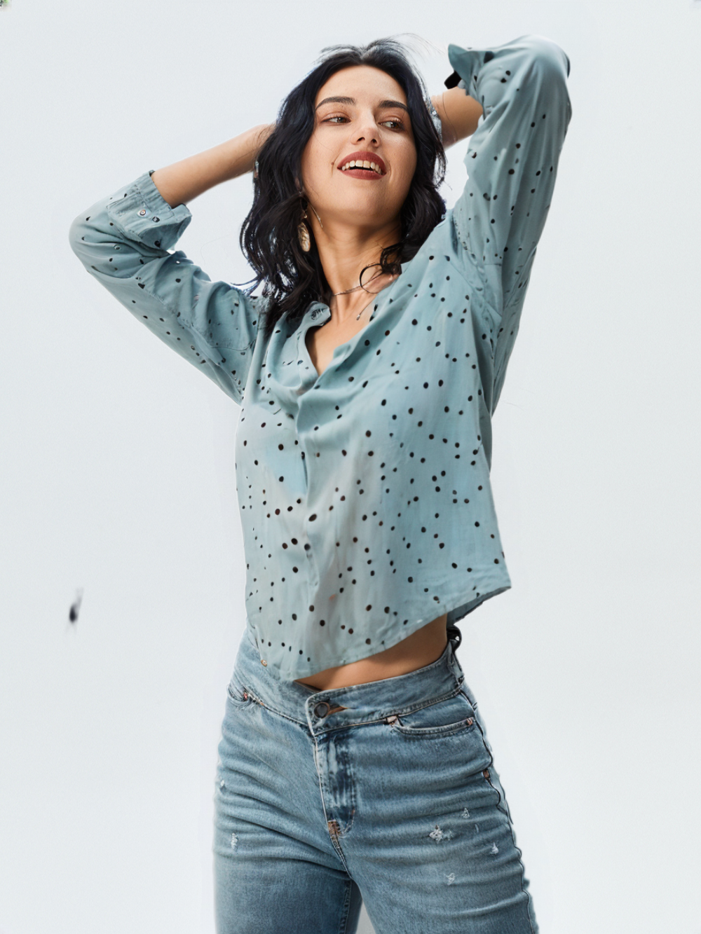 wearOn Sage Green Polka Dot Button-Up Blouse - Women's Relaxed Fit Long Sleeve Shirt with Black Dot Print - WearOn