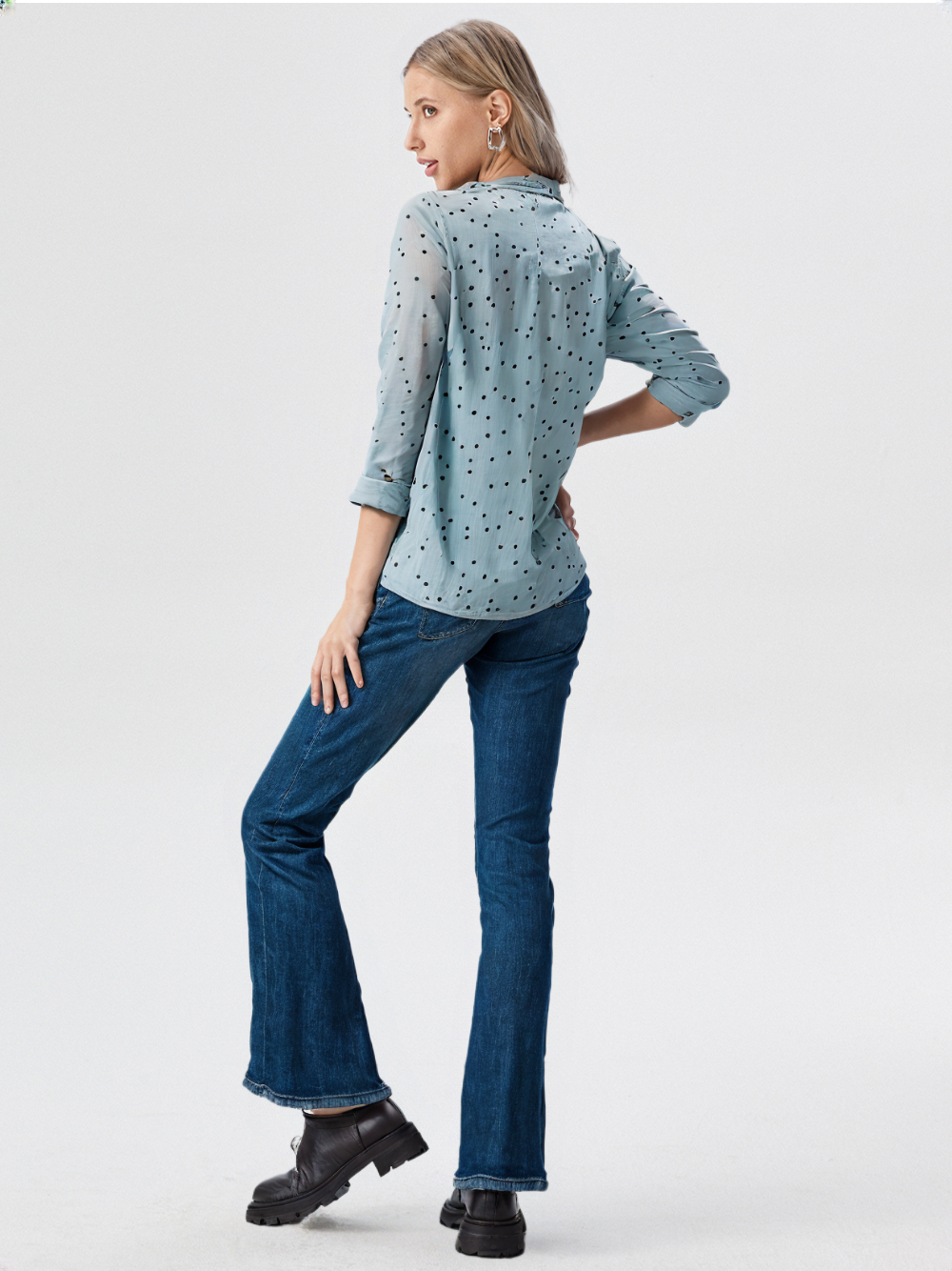 wearOn Sage Green Polka Dot Button-Up Blouse - Women's Relaxed Fit Long Sleeve Shirt with Black Dot Print - WearOn