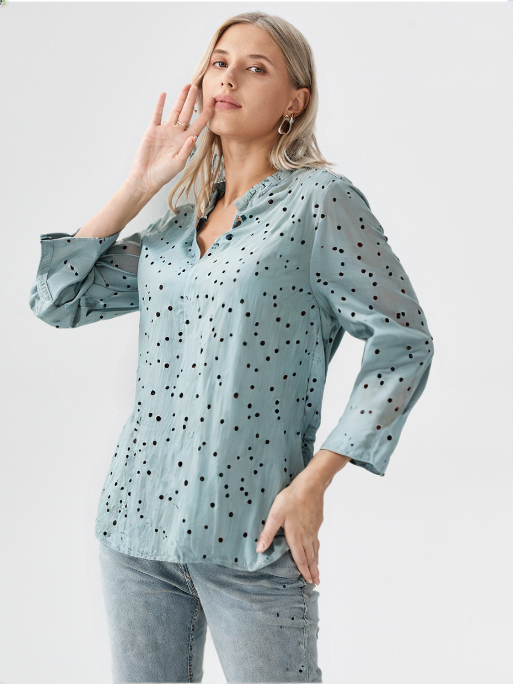 wearOn Sage Green Polka Dot Button-Up Blouse - Women's Relaxed Fit Long Sleeve Shirt with Black Dot Print - WearOn