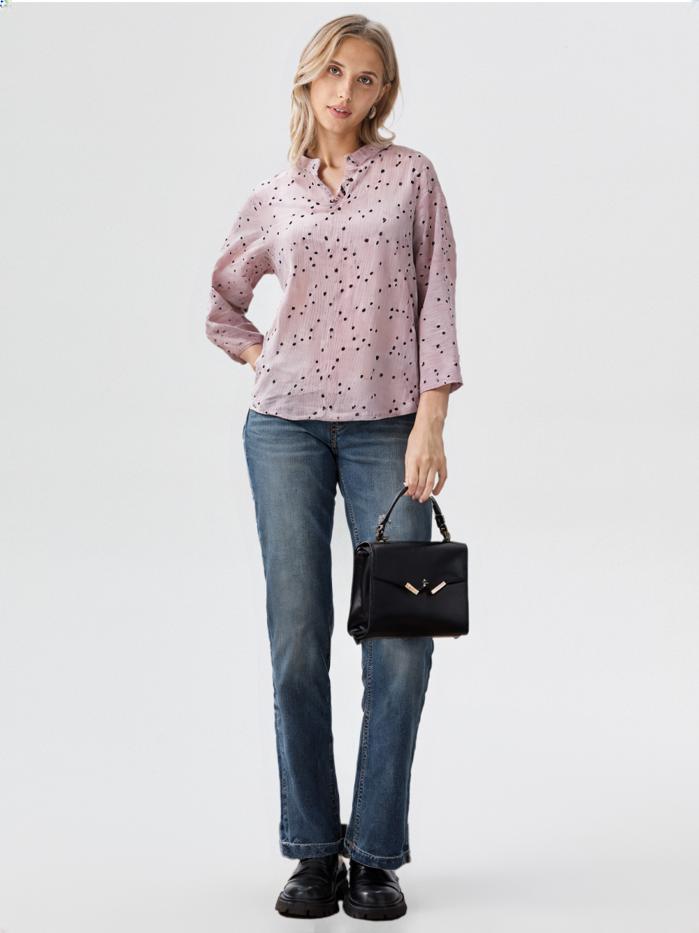 wearOn Dusty Rose Polka Dot Button-Up Blouse - Women's Long Sleeve Professional Shirt with Black Dot Print