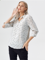 wearOn Classic White Polka Dot Button-Up Blouse - Women's Essential Long Sleeve Shirt with Black Dot Print
