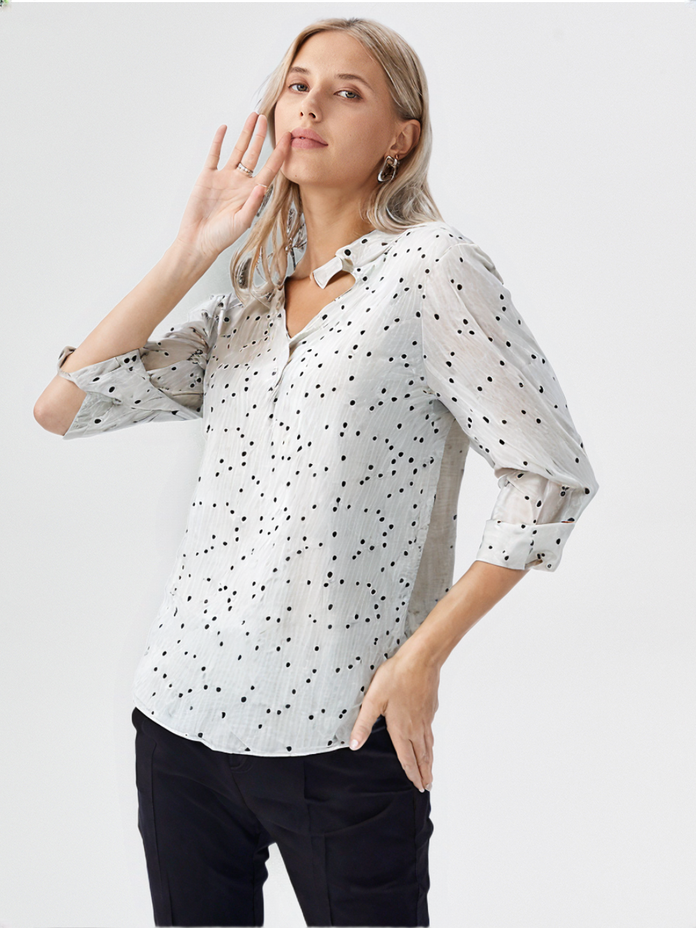 wearOn Classic White Polka Dot Button-Up Blouse - Women's Essential Long Sleeve Shirt with Black Dot Print