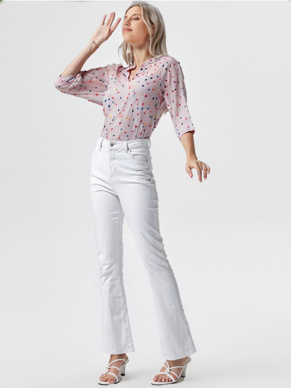 wearOn Lavender Multicolor Dot Blouse - Women's Long Sleeve Button-Up Shirt with Rainbow Confetti Print