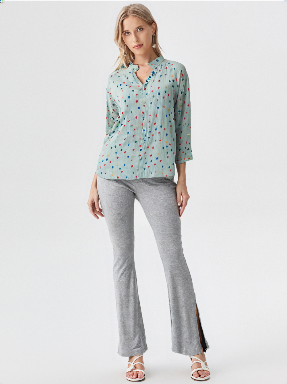 wearOn Mint Green Multicolor Dot Blouse - Women's 3/4 Sleeve Button-Up Top with Rainbow Polka Print