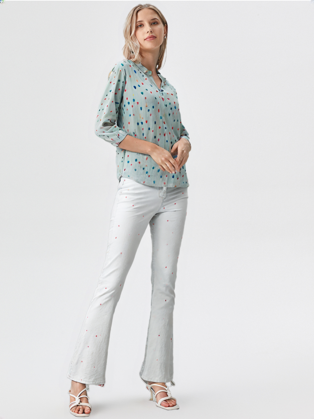 wearOn Mint Green Multicolor Dot Blouse - Women's 3/4 Sleeve Button-Up Top with Rainbow Polka Print